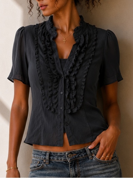Suzy Shier Tops - Vintage Suzy Shier Sheer Mesh Ruffle Toe Back Babydoll Blouse